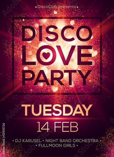 Disco LOVE party poster vector template with shining lights and hearts