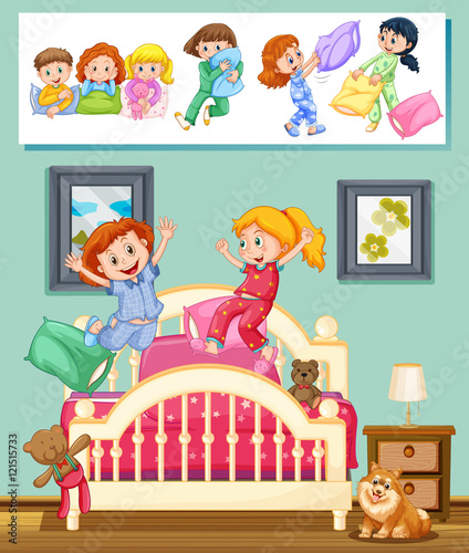 Kids at slumber party in bedroom