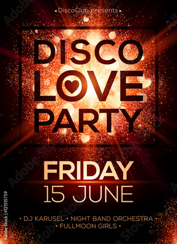 Disco LOVE party poster vector template with shining lights and hearts