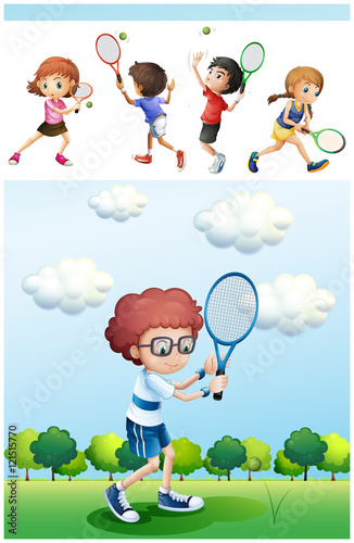 Kids playing tennis in park