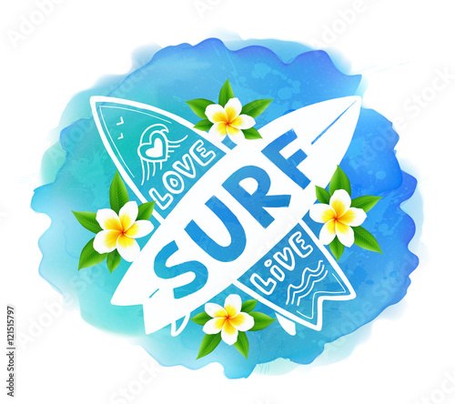 White vector crossing surfing boards with hand drawn sign Love, Live, SURF on blue watercolor and bali flowers background