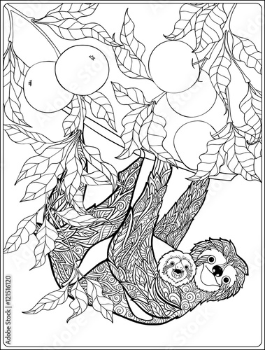 Coloring page with lovely sloth in forest.