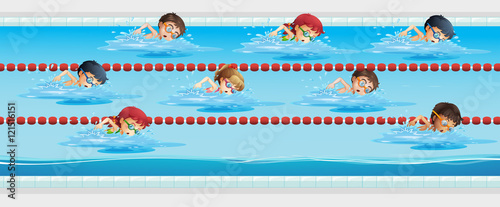 Children swimming in the swimming pool