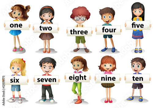 Children holding word cards with numbers