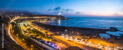Evening view of the Chorrillos Bay in Lima, Peru.