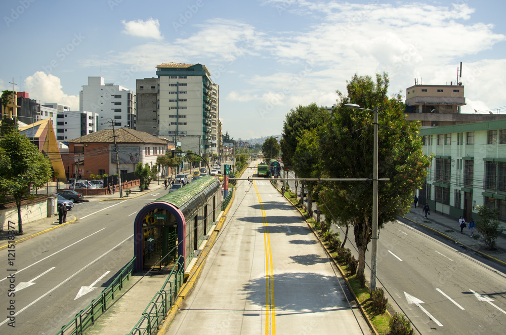 Obraz premium Trolley bus station La Y on a sunny day, located in Quito Ecuador