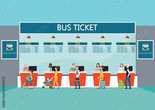 Bus terminal with people buying ticket at counter service.