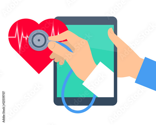 Heart pulse examination by tablet computer. Telehealth and telem