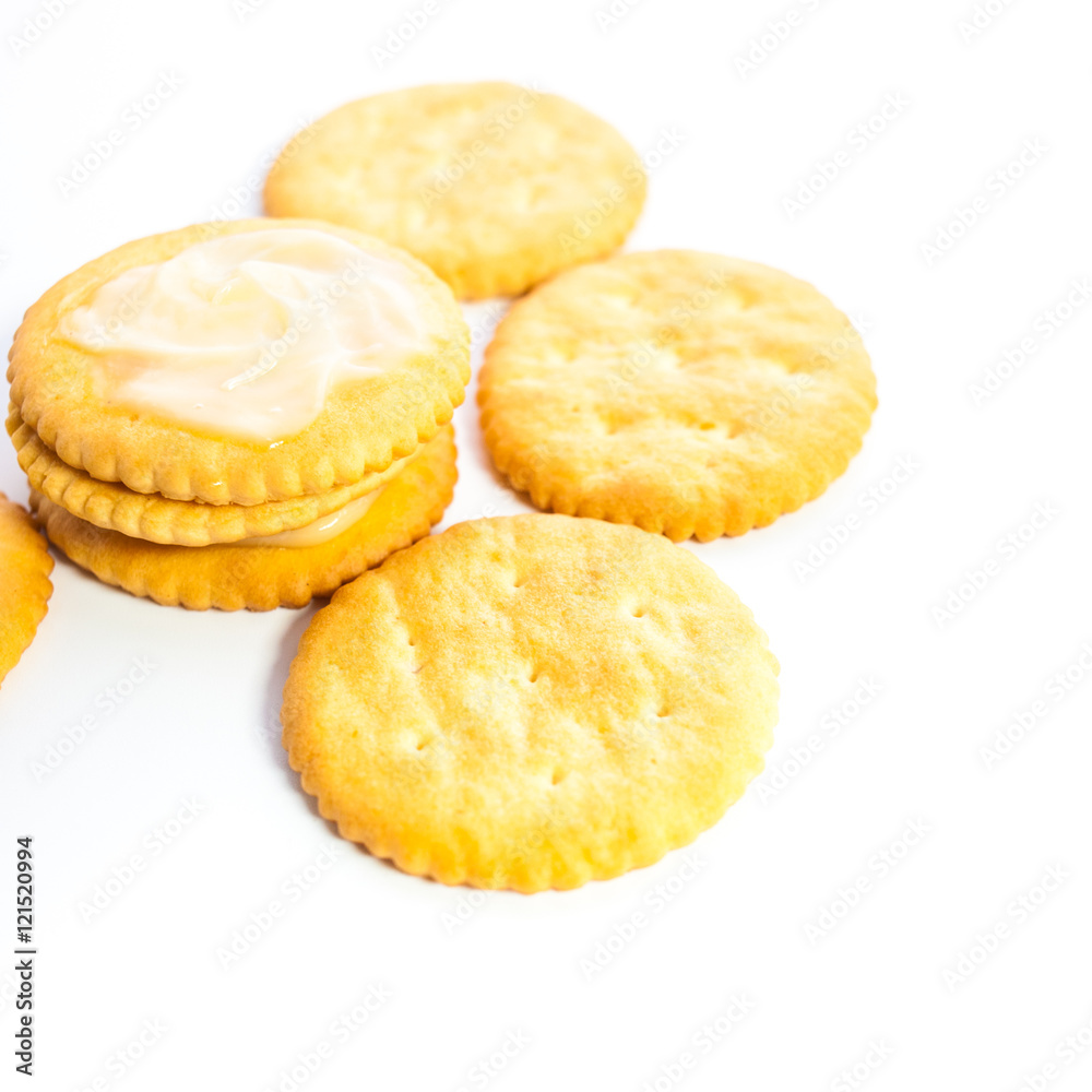 crackers or biscuits on white background
