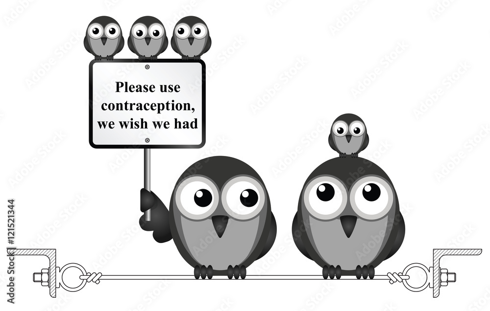 Obraz premium Comical family of birds with use contraception message