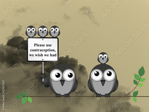 Comical family of birds with use contraception message