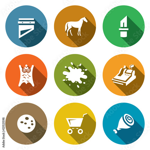 Vector Set of Meat Processing Plant Icons. Guillotine, Horse, Knife, Skin, Blood, Cash, Sausage, Food Truck, Leg.