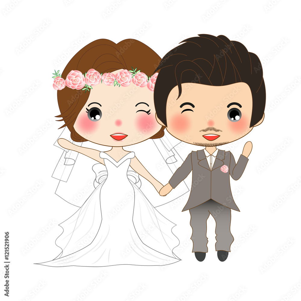 Couple Wedding. Cute Woman in Bride Dress and Mustache Man in Groom Tuxedo. Vector. Illustration. isolated on White Background Couple Wedding. Cute Woman in Bride Dress and Mustache Man in Groom Tuxedo. Vector. Illustration. isolated on White Background