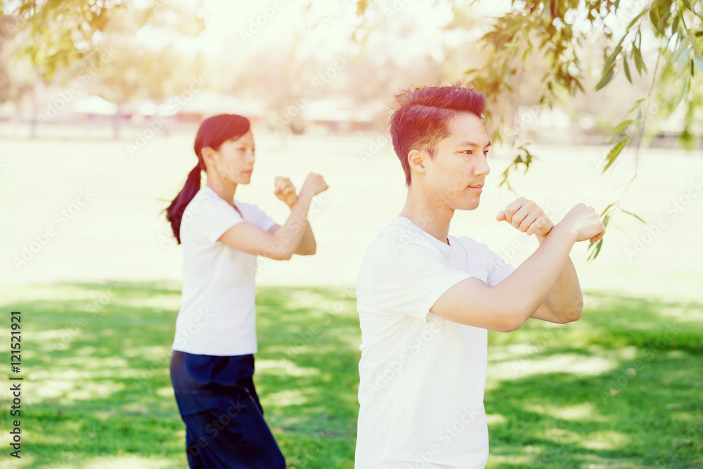 Fototapeta premium People practicing thai chi in park