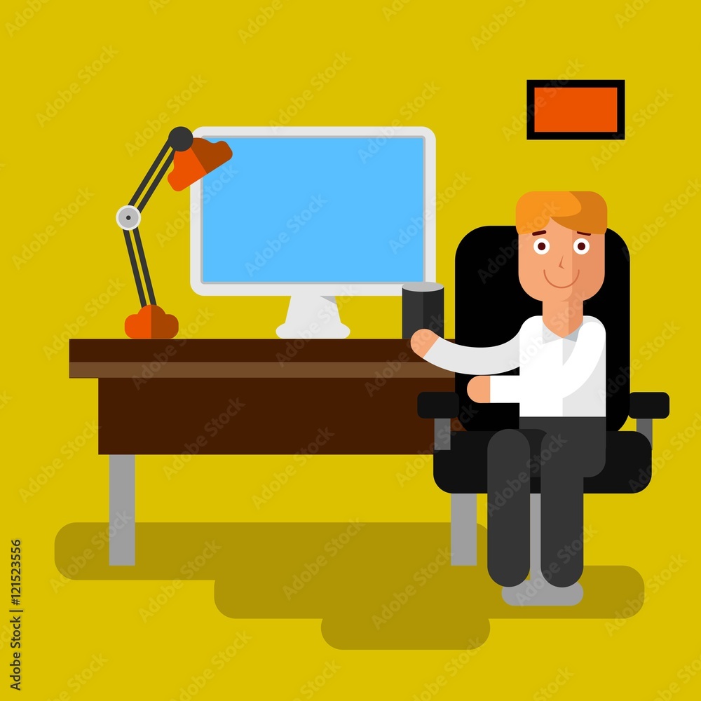 Man showing the monitor at office vector flat illustration Man showing the monitor at office vector flat illustration