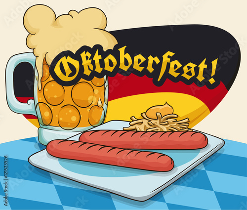 Wurstel or Viena Sausage and Frothy Beer Snack for Oktoberfest, Vector Illustration