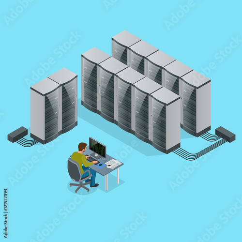 Isometric Modern web network and internet telecommunication technology, big data storage and cloud computing computer service business concept server room interior in data center