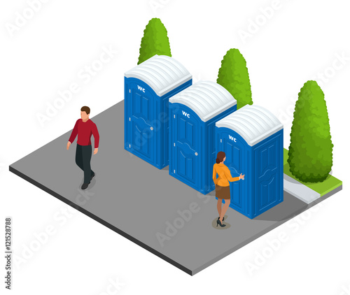 Isometric Bio mobile toilets in the city. Blue bio WC in the city. Hiking services. Flat color style illustration icon Bio toilet. Bio toilet concept. Street bio toilet.
