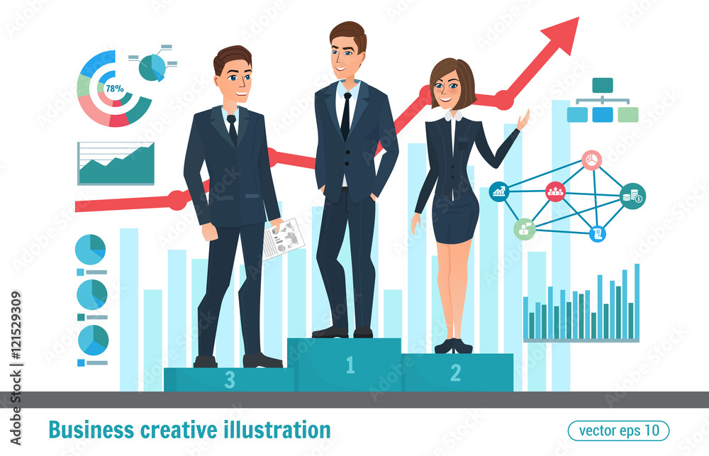 Business professional. Award winners. Victory champion, winner first successful businessman reward, win competition. Vector creative illustrations flat design. Worker people Man and Women Business professional. Award winners. Victory champion, winner first successful businessman reward, win competition. Vector creative illustrations flat design. Worker people Man and Women