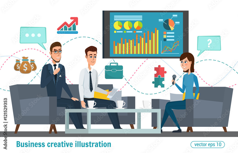 Business professional work. Press conference, interview concept, live report, vector microphones, giving interview news. Vector creative illustrations flat design. Worker people Man and Women Business professional work. Press conference, interview concept, live report, vector microphones, giving interview news. Vector creative illustrations flat design. Worker people Man and Women