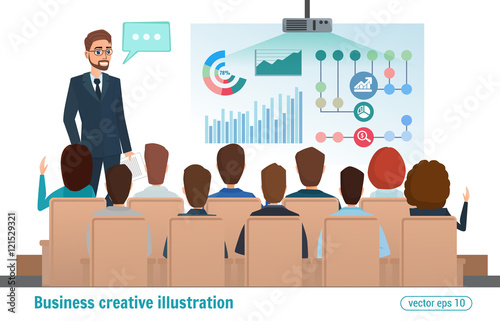 Business professional work team meeting. Man speaks, presentation project. People at the conference hall. Teamwork workplace. Vector creative illustrations flat design. Worker people Man and Women