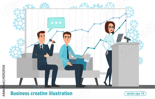Business professional work. Meeting Discussing Business People. open space presentation hall podium with microphone. Vector creative illustrations flat design. Worker people Man and Women