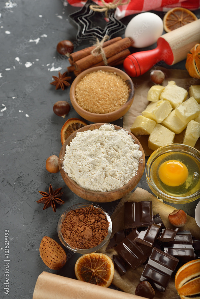 Raw ingredients for baking holiday cookies Raw ingredients for baking holiday cookies
