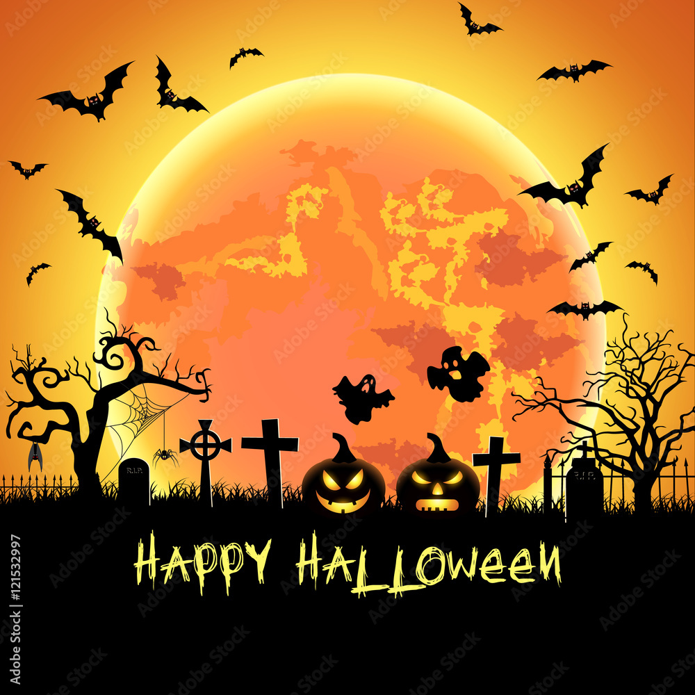 Halloween illustration with tomb and bats