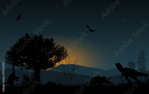 Dinosaurs silhouettes in beautiful landscape