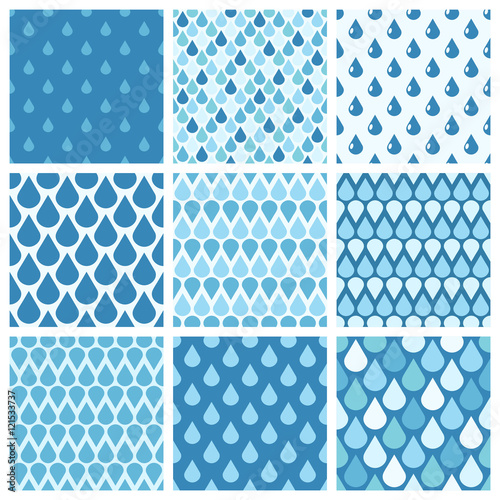 Set of blue vector water drops seamless patterns