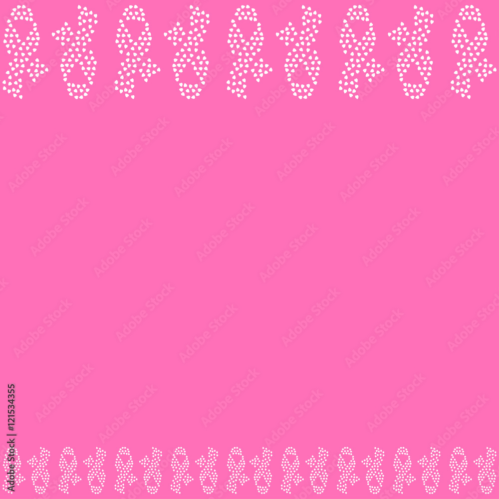 Pattern ribbon silhouette with heart form white petals on the pink background. Border frame with space for text. Breast cancer awareness month symbol. Vector illustration