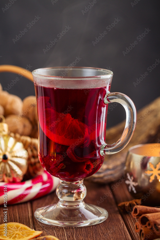 Glass of Mulled wine with spices Glass of Mulled wine with spices