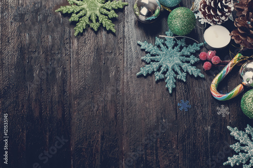 Fototapeta Naklejka Na Ścianę i Meble -  Christmas fir tree with decoration . Toned photo