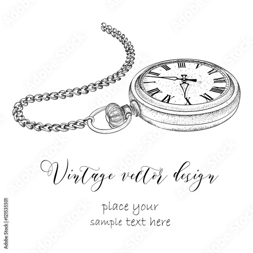 Hand drawn vintage postcard. A pocket watch on a chain and flowers. Vector illustration