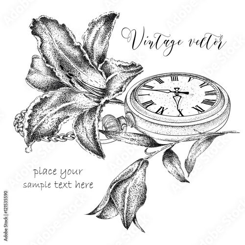 Hand drawi vintage postcard. A pocket watch on a chain and flowers. Vector illustration