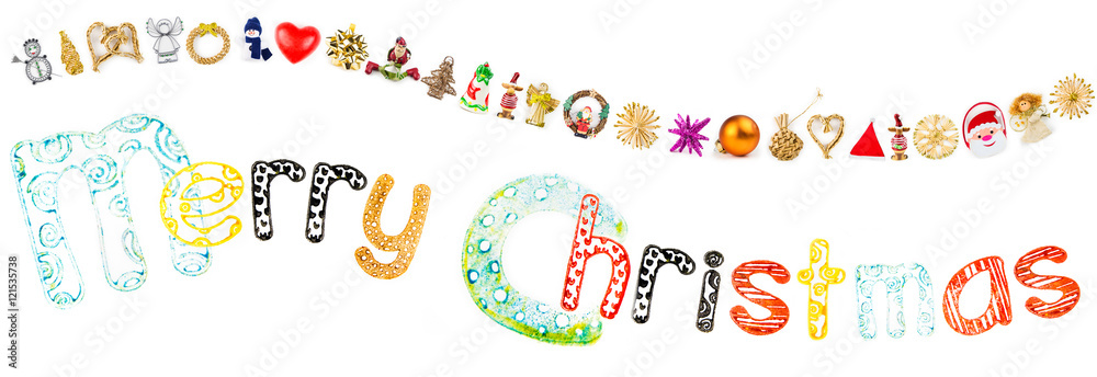 christmas greeting card / Christmas decorations with funny Merry Christmas text forming a wave on white background with multicolor snow flakes