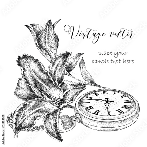 Fototapeta Naklejka Na Ścianę i Meble -  Hand drawi vintage postcard. A pocket watch on a chain and flowers. Vector illustration