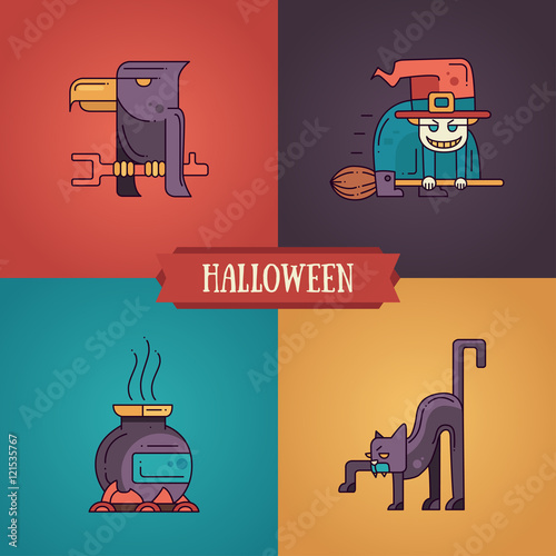 Halloween characters line flat design modern icons set
