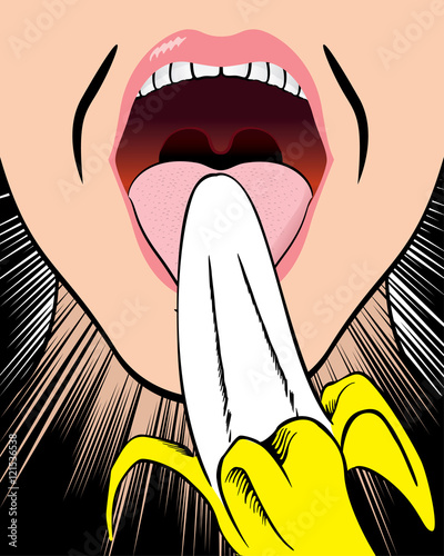 close illustration of a person with an open mouth eating banana. Ideal for promotional and institutional materials