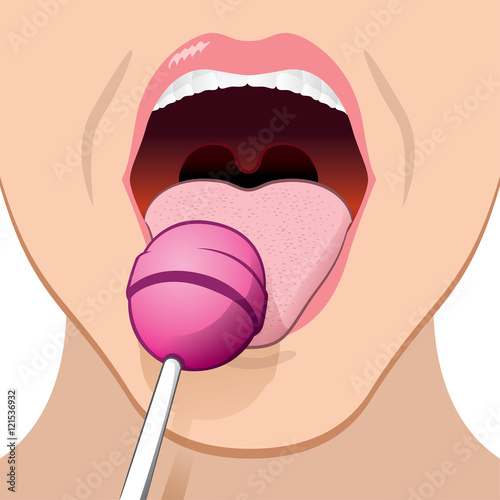 close illustration of a person with an open mouth licking lollipop. Ideal for promotional and institutional materials