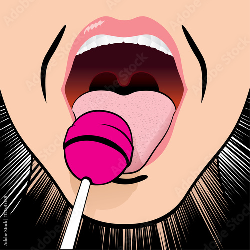 close illustration of a person with an open mouth licking lollipop. Ideal for promotional and institutional materials