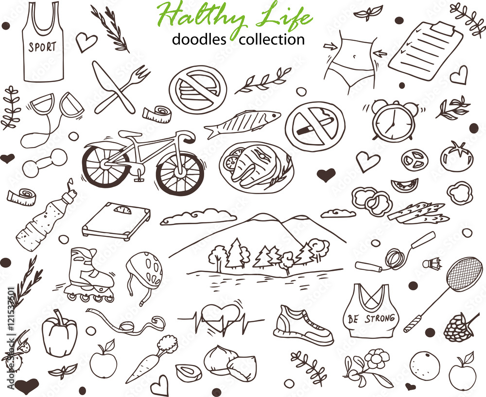 Hand-drawn collection of the healthy life doodles objects: bicycle, fruits and water, rollers, food, weight, nature and fresh air etc. Line art icons.