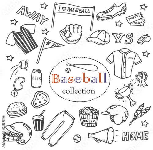 Hand-drawn baseball doodles set. The collection of different line art icons: flags, equipment, clothes, balls, boots, fast food etc. Line art sport illustrations.
