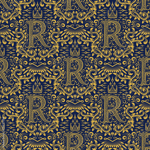 Damask seamless pattern repeating background. Golden blue floral ornament with R letter and crown in baroque style. Antique golden repeatable wallpaper.