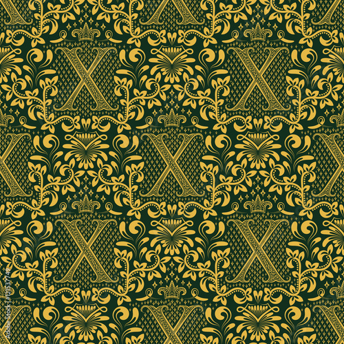 Damask seamless pattern repeating background. Golden green floral ornament with X letter and crown in baroque style. Antique golden repeatable wallpaper.