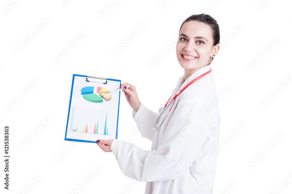 Joyful young medic showing business diagrams Joyful young medic showing business diagrams