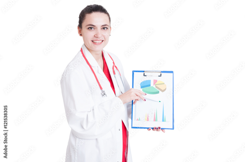 Smiling pretty doctor explaining business charts Smiling pretty doctor explaining business charts