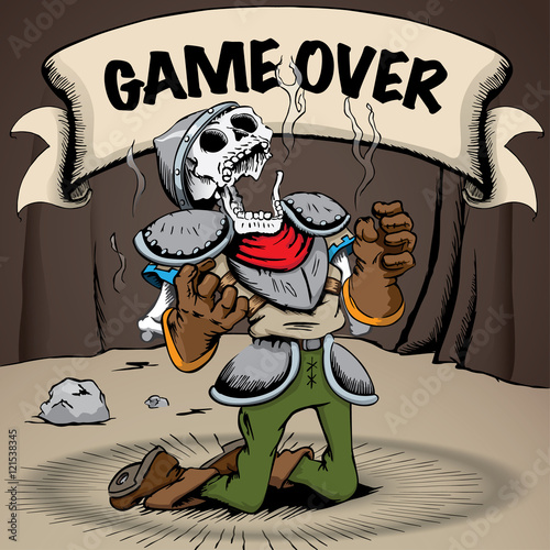 Skeleton of a dead knight dying knees with a poster in the background inside a cave. Ideal for comic and fantasy tales