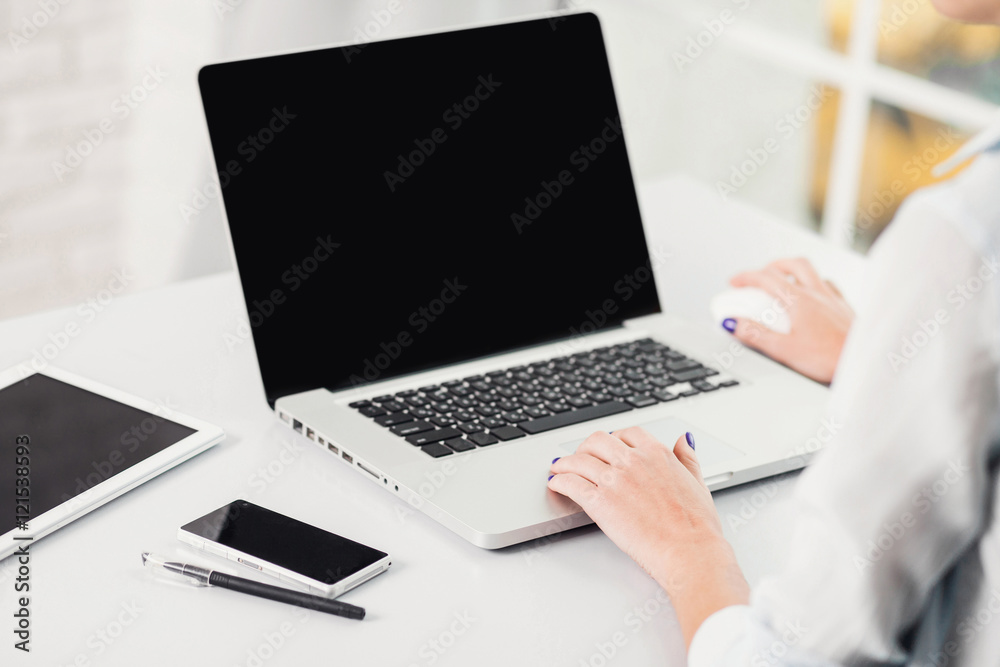 Place of work, businesswoman working on laptop computer with new business project Place of work, businesswoman working on laptop computer with new business project