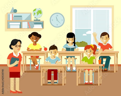 Different school children and teacher at class lesson in flat style